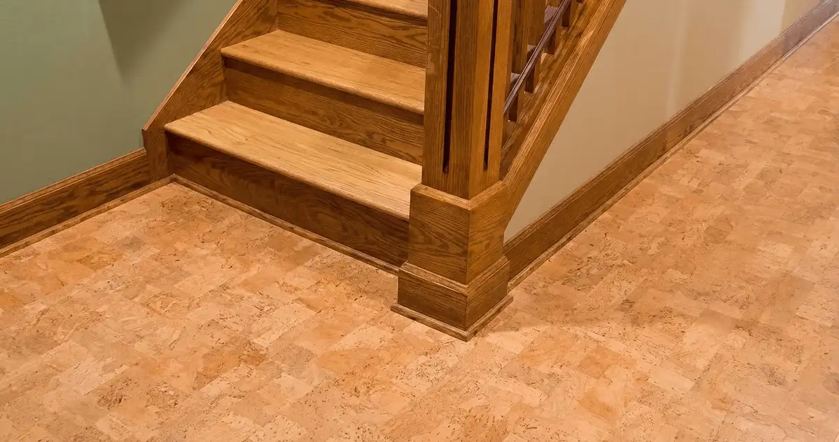 End of a staircase with cork flooring in Nashua, NH