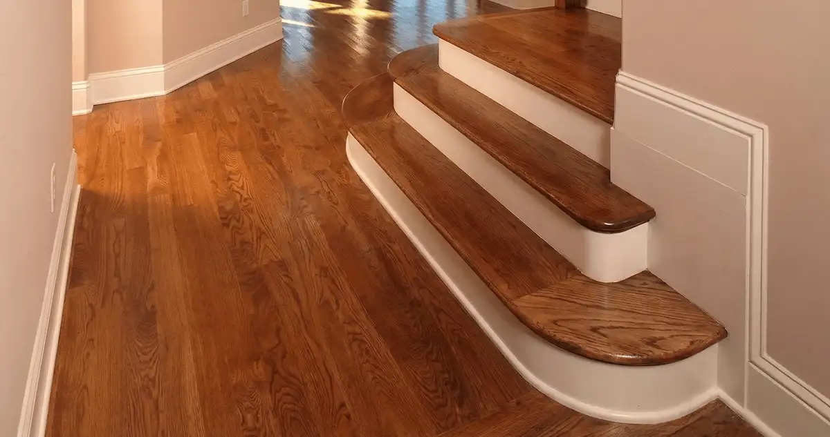 Base floor of a staircase with professionally restored wood flooring in Nashua NH