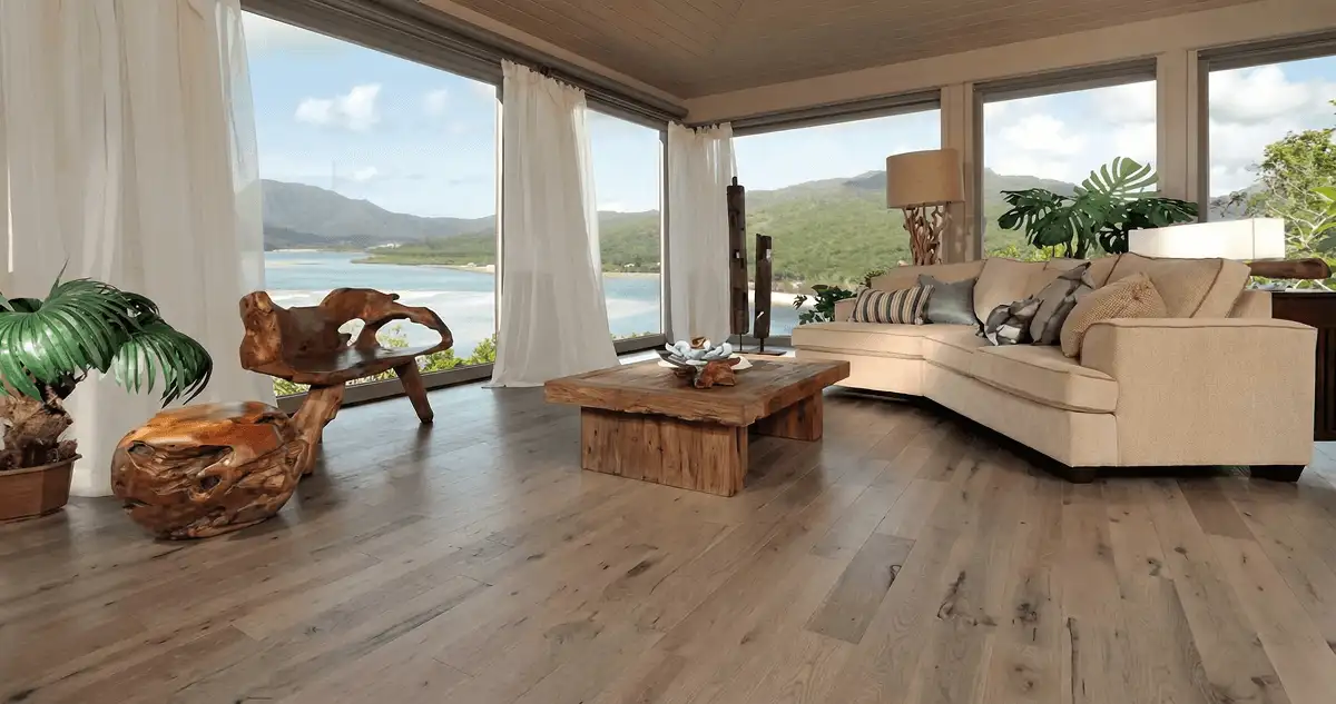 Professionally installed vinyl flooring in a modern living room with large windows in Nashua, NH